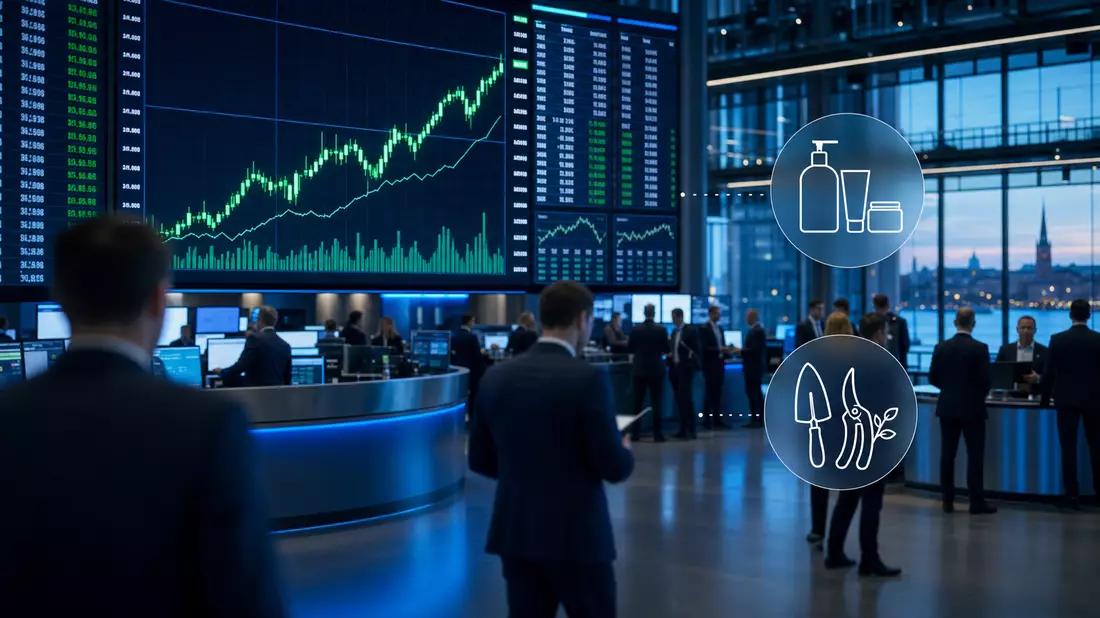 Editorialfoto eines Trading-Floors mit Börsencharts und Gartenwerkzeug-Symbolen