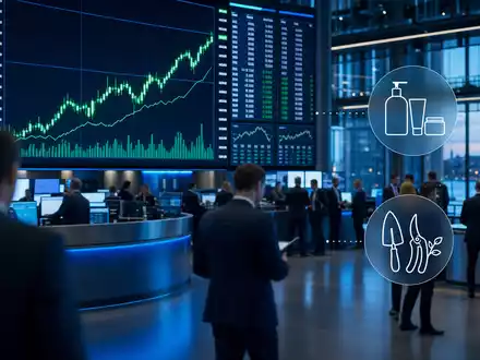 Husqvarna AB (SE0001662230) erscheint editoriell auf einem Börsen-Trading-Floor mit Kurscharts und Gartenwerkzeug-Symbolen dargestellt - Foto: THN