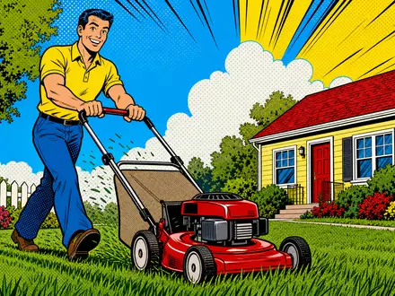 Husqvarna AB (SE0001662230) inszeniert Pop-Art-Comic mit fröhlicher Person und stilisiertem Rasenmäher im bunten Vorgarten - Foto: THN
