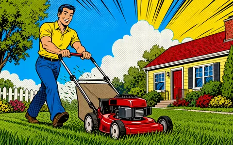 Husqvarna AB (SE0001662230) inszeniert Pop-Art-Comic mit fröhlicher Person und stilisiertem Rasenmäher im bunten Vorgarten - Foto: THN