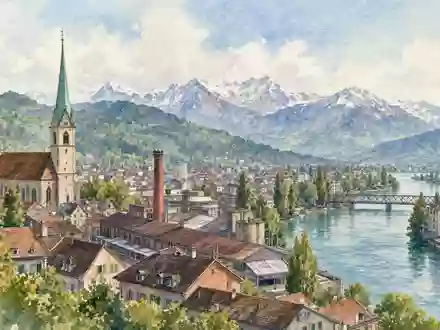 Clariant AG (CH0012142631) präsentiert Firmensitz als malerische Aquarell-Stadtansicht mit weichen Pastellfarben und feinen Konturen - Foto: THN