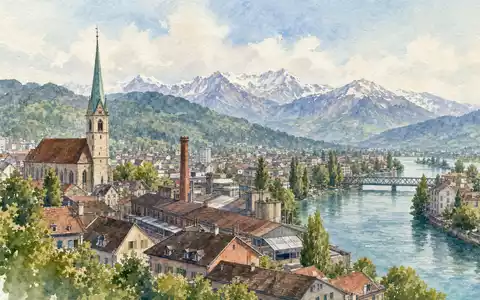 Clariant AG (CH0012142631) präsentiert Firmensitz als malerische Aquarell-Stadtansicht mit weichen Pastellfarben und feinen Konturen - Foto: THN