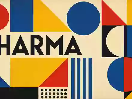 Galenica AG CH0025536027 wird hier als geometrisches Bauhaus-Poster mit dem Branchenwort PHARMA visualisiert - Foto: THN