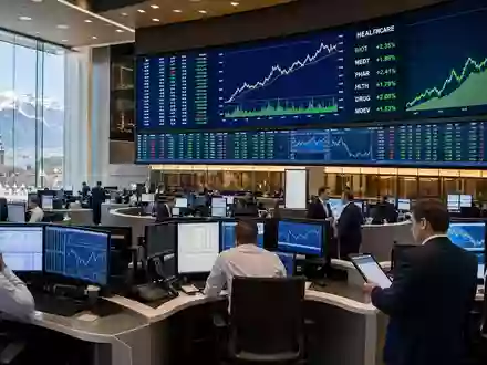 Galenica AG CH0025536027 wird an der Schweizer Börse gehandelt, symbolisiert durch diesen belebten Trading-Floor - Foto: THN