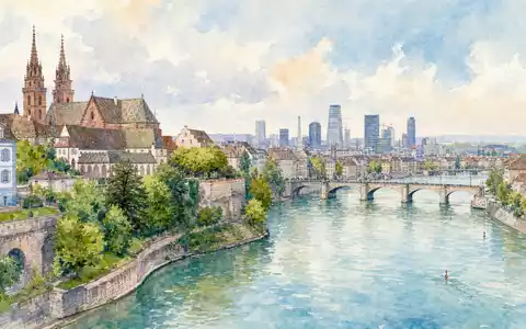 Baloise Holding AG (CH0012410517) präsentiert Firmensitz als malerische Aquarell-Stadtansicht mit weichen Pastellfarben und feinen Konturen - Foto: THN