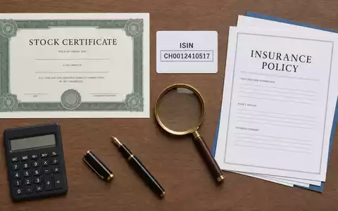 Baloise Holding AG (CH0012410517) als Flatlay-Komposition mit Aktienzertifikat, ISIN-Karte und branchentypischen Objekten von oben fotografiert - Foto: THN