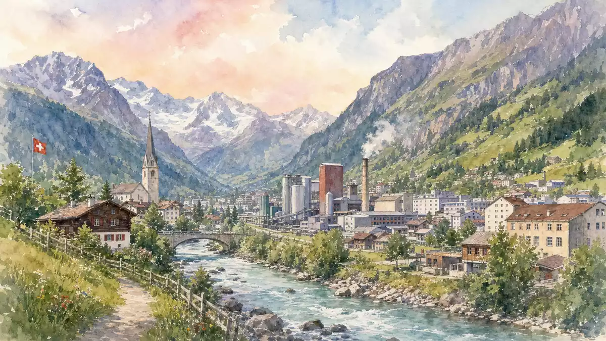 Aquarell einer Alpenstadt, Sitz von EMS-Chemie Holding AG