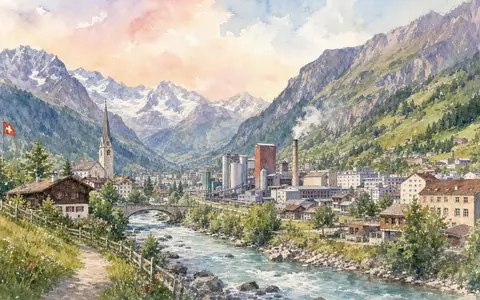 Aquarellmalerei einer Schweizer Alpenstadt repräsentiert den Standort von EMS-Chemie Holding AG, ISIN CH0016440353, künstlerisch dargestellt - Foto: THN