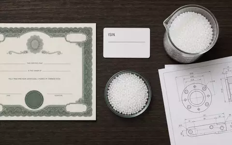 Flatlay mit Aktienzertifikat und Granulat symbolisiert eine Geldanlage in EMS-Chemie Holding AG, ISIN CH0016440353 - Foto: THN