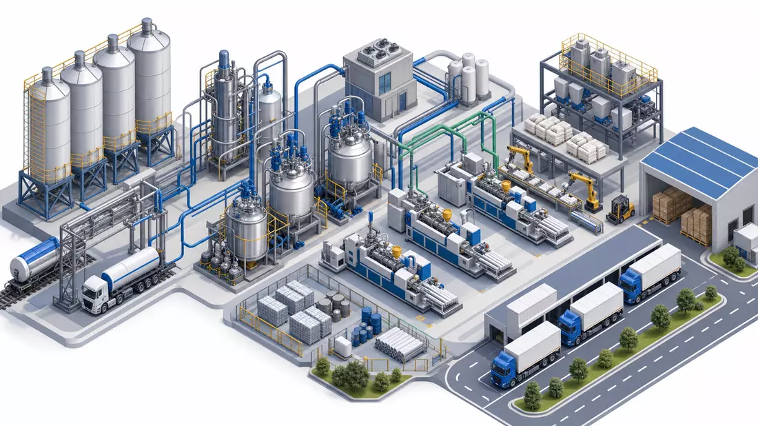 Isometrische Grafik einer Chemiefabrik, EMS-Chemie Holding AG