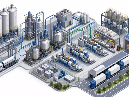 Isometrische 3D-Grafik der Wertschöpfungskette zeigt den Produktionsprozess von EMS-Chemie Holding AG, ISIN CH0016440353, schematisch dargestellt - Foto: THN