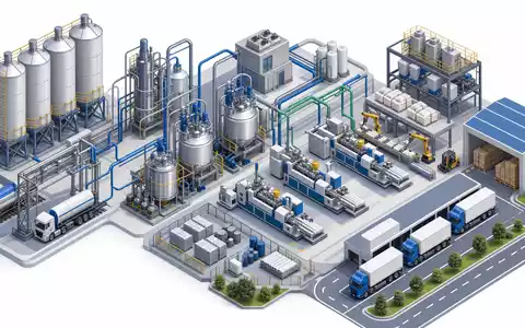 Isometrische 3D-Grafik der Wertschöpfungskette zeigt den Produktionsprozess von EMS-Chemie Holding AG, ISIN CH0016440353, schematisch dargestellt - Foto: THN