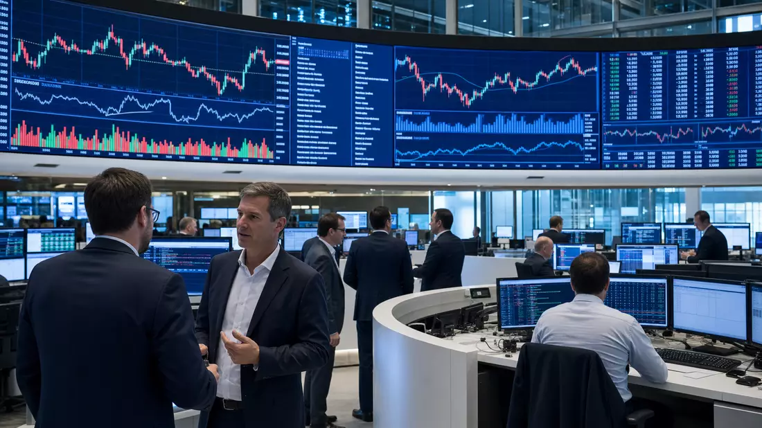 Handelsraum mit Börsencharts, Aktie EMS-Chemie Holding AG