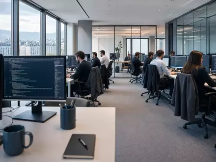 Temenos AG (CH0012453913) zeigt modernes Bürogebäude in fotorealistischer Darstellung bei Tageslicht mit Menschen im Vordergrund - Foto: THN