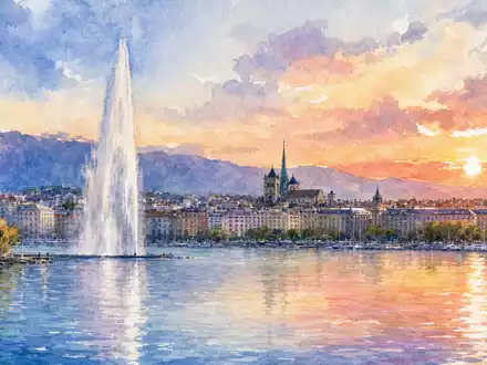 Temenos AG (CH0012453913) präsentiert Firmensitz als malerische Aquarell-Stadtansicht mit weichen Pastellfarben und feinen Konturen - Foto: THN