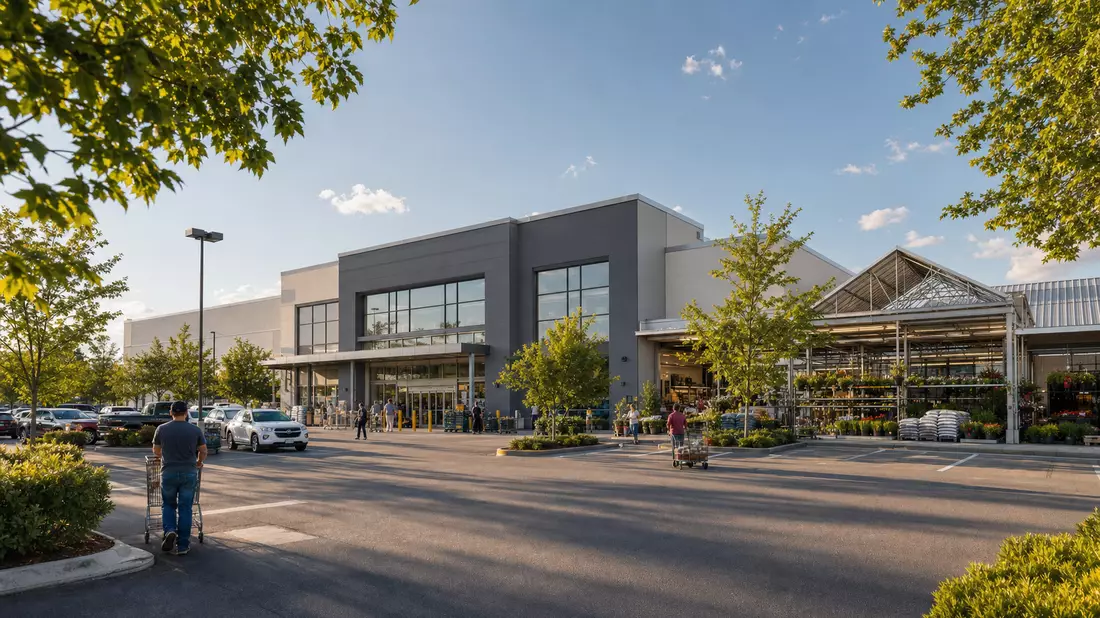 Fotorealistisches Außenbild eines großen Baumarktes mit Gartencenter und Kundenparkplatz
