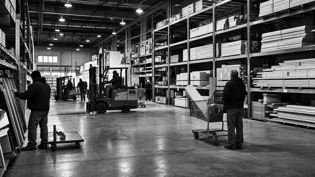 Schwarzweiß-Reportage im Baumarktlager mit Hochregalen, Gabelstaplern und Arbeitern