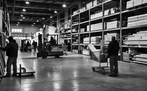 Hornbach Holding DE0006083405 dokumentarisch in Schwarzweiß mit Hochregal-Lagerhalle, Gabelstapler und arbeitenden Mitarbeitern - Foto: THN
