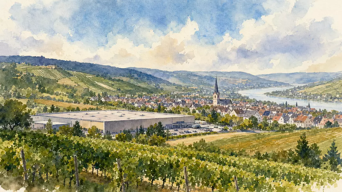 Aquarellgemälde einer deutschen Kleinstadt in der Pfalz mit Einzelhandels-Hallengebäude