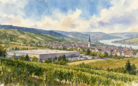 Hornbach Holding DE0006083405 als Aquarell-Landschaft mit deutschen Weinbergen und Handels-GebÀude in der Pfalz - Foto: THN