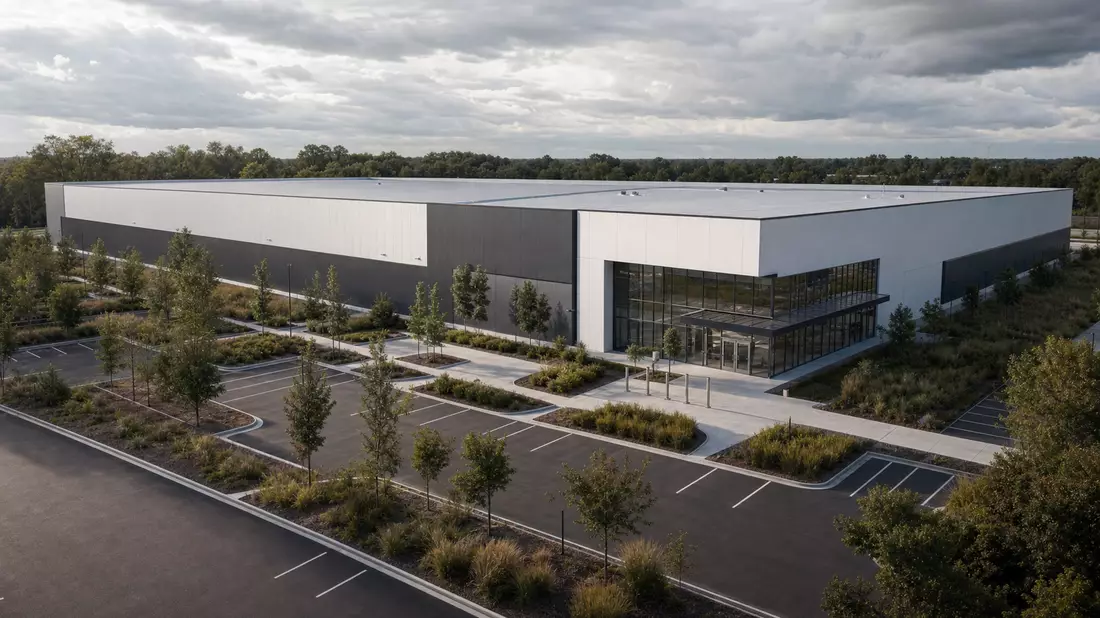 CGI-Render eines modernen minimalistischen Retailgebäudes mit Parkplatz aus Vogelperspektive