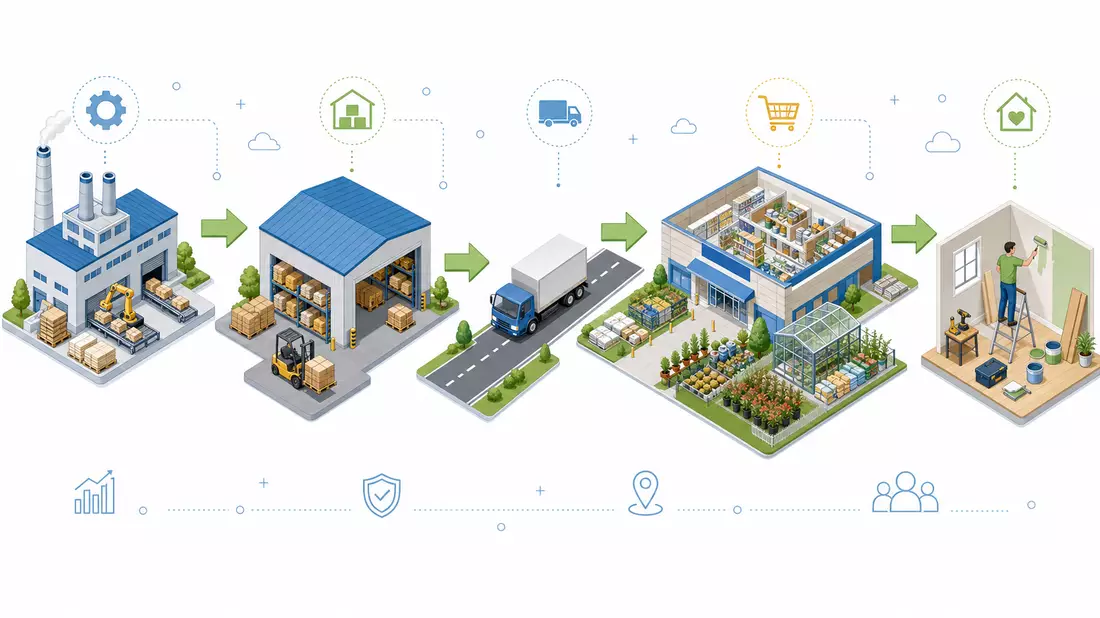 Isometrische 3D-Infografik der DIY-Wertschöpfungskette von Fabrik über Lager bis Endkunde