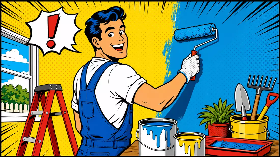 Pop-Art-Comic eines fröhlichen Heimwerkers in Latzhose beim Wandstreichen mit Gartengeräten