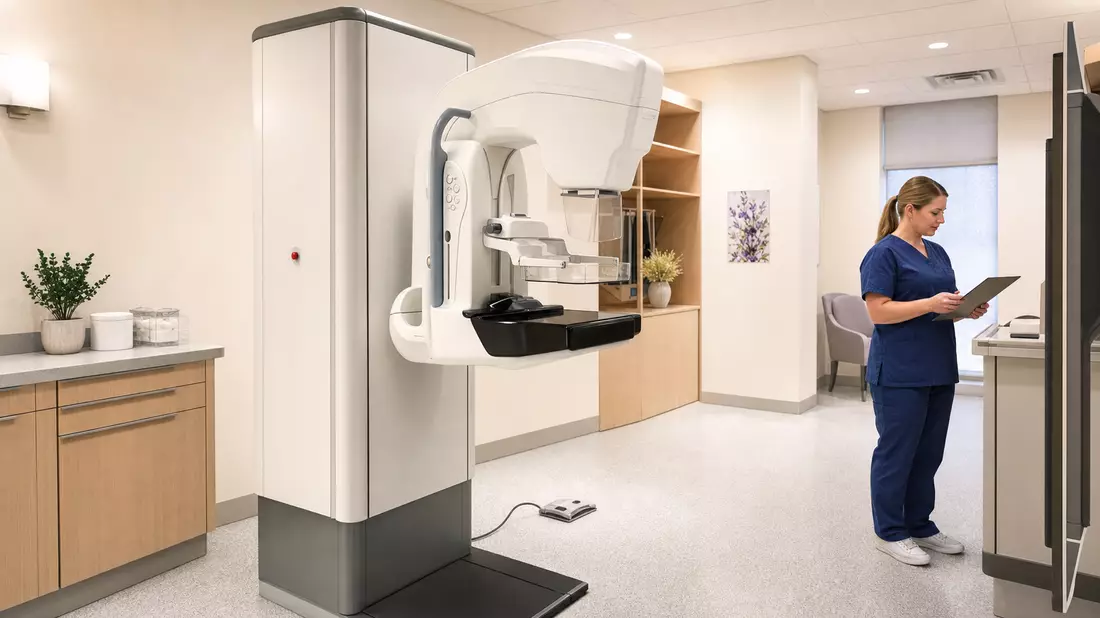 Fotorealistisches Mammographiegerät in hellem klinischem Untersuchungsraum mit Pflegekraft