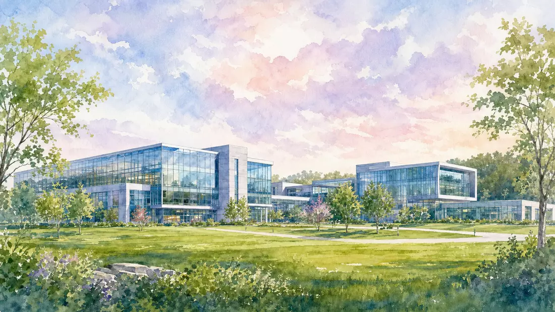 Aquarellgemälde eines modernen Medizintechnik-Campus mit Glasfassaden, Grünflächen und Pastellhimmel