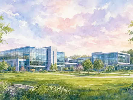 Hologic Firmensitz in Aquarell mit Glasgebaeuden gruenen Wiesen und hellem Himmel ISIN US4364401012 - Foto: THN