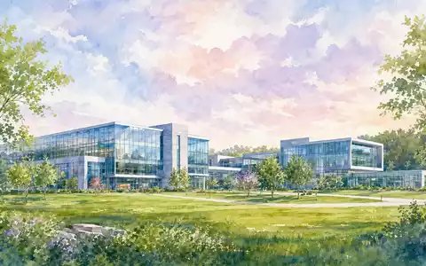 Hologic Firmensitz in Aquarell mit Glasgebaeuden gruenen Wiesen und hellem Himmel ISIN US4364401012 - Foto: THN
