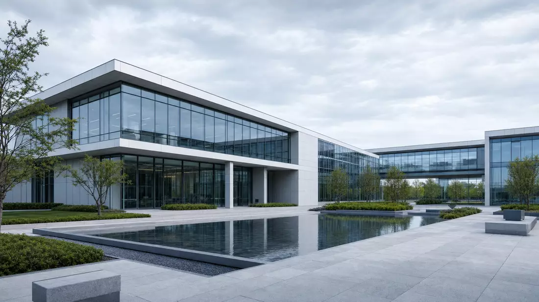 CGI-Architekturrendering eines modernen Medizintechnik-Firmensitzes mit Glasfassade und Wasserbecken