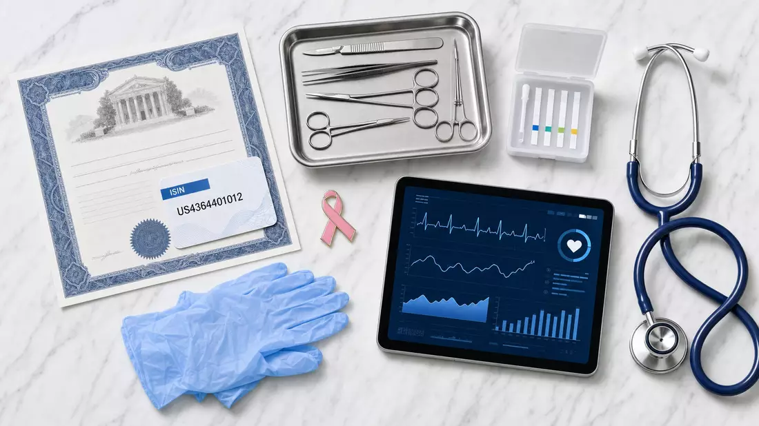 Flatlay-Draufsicht: Aktienzertifikat, ISIN-Karte, chirurgische Instrumente, Stethoskop und Tablet