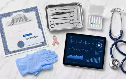 Hologic zeigt einen Medizintechnik Flatlay mit chirurgischen Instrumenten und Stethoskop ISIN US4364401012 - Foto: THN
