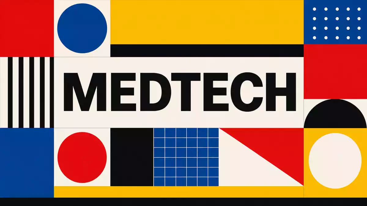 Bauhaus-Poster mit fetten geometrischen Primärfarben-Formen und dem zentrierten Wort MEDTECH