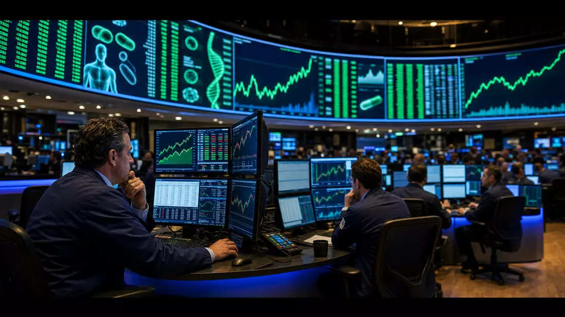 NASDAQ-Handelssaal-Editorial mit grünen Kurscharts auf großem LED-Display und Händlern