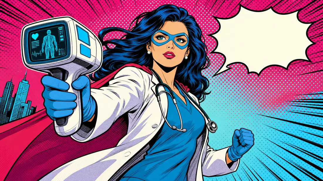 Pop-Art-Comic: Ärztin-Superheldin mit futuristischem Diagnostikscanner, Halbtön in Pink und Cyan