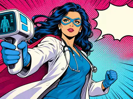 Hologic Medizintechnik im Pop Art Comic mit Aerztin Superheldin und Diagnosegeraet ISIN US4364401012 - Foto: THN