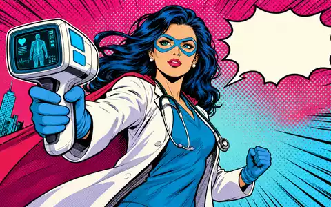 Hologic Medizintechnik im Pop Art Comic mit Aerztin Superheldin und Diagnosegeraet ISIN US4364401012 - Foto: THN