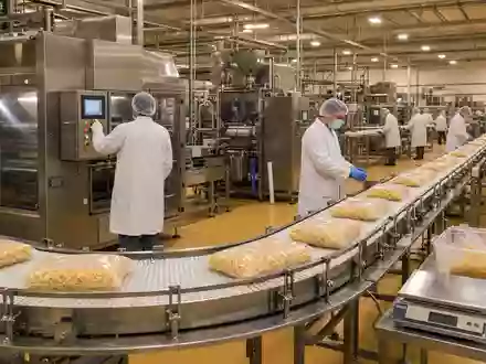 Hormel Foods US4404521001 – moderne Lebensmittelfabrik mit Förderband und Mitarbeitern in weißen Kitteln - Foto: THN