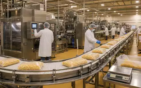 Hormel Foods US4404521001 – moderne Lebensmittelfabrik mit Förderband und Mitarbeitern in weißen Kitteln - Foto: THN