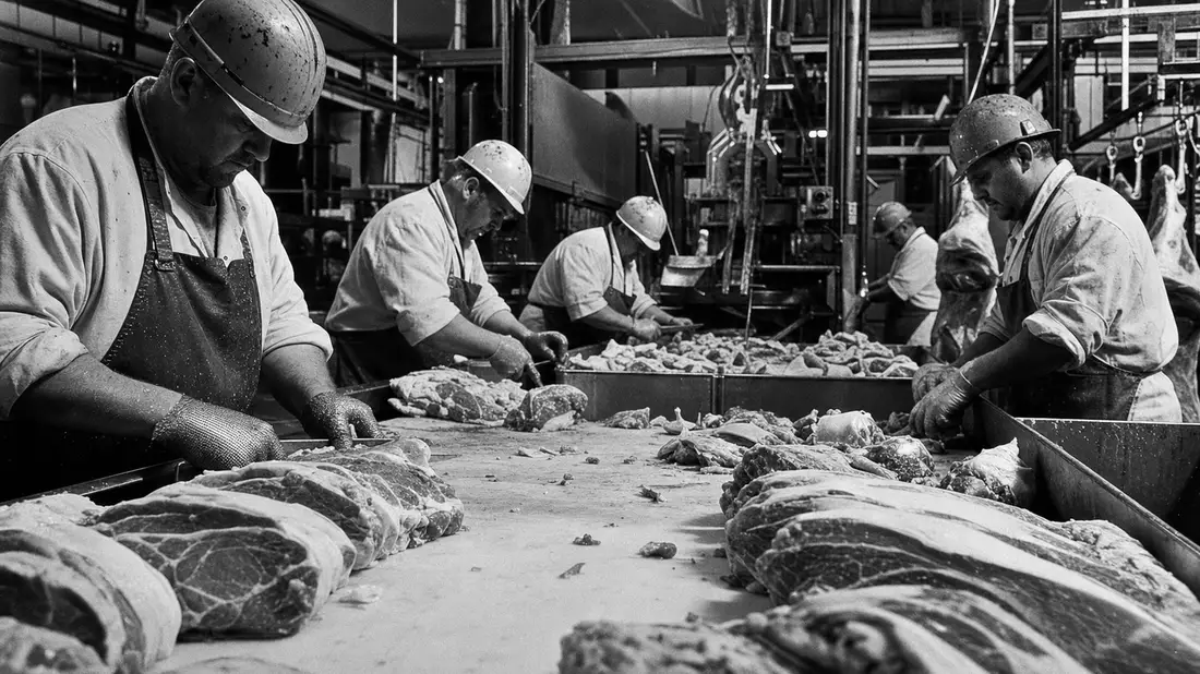 Schwarz-Weiß-Reportage: Arbeiter an Fleischverarbeitung in Hormel Foods Produktionsbetrieb