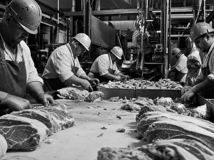 Hormel Foods US4404521001 – SW-Reportage zeigt Arbeiter bei der Verarbeitung von Fleisch in einer Fabrikhalle - Foto: THN