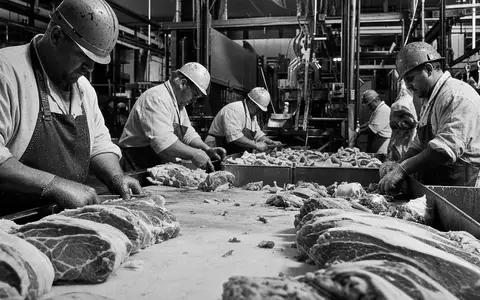 Hormel Foods US4404521001 – SW-Reportage zeigt Arbeiter bei der Verarbeitung von Fleisch in einer Fabrikhalle - Foto: THN
