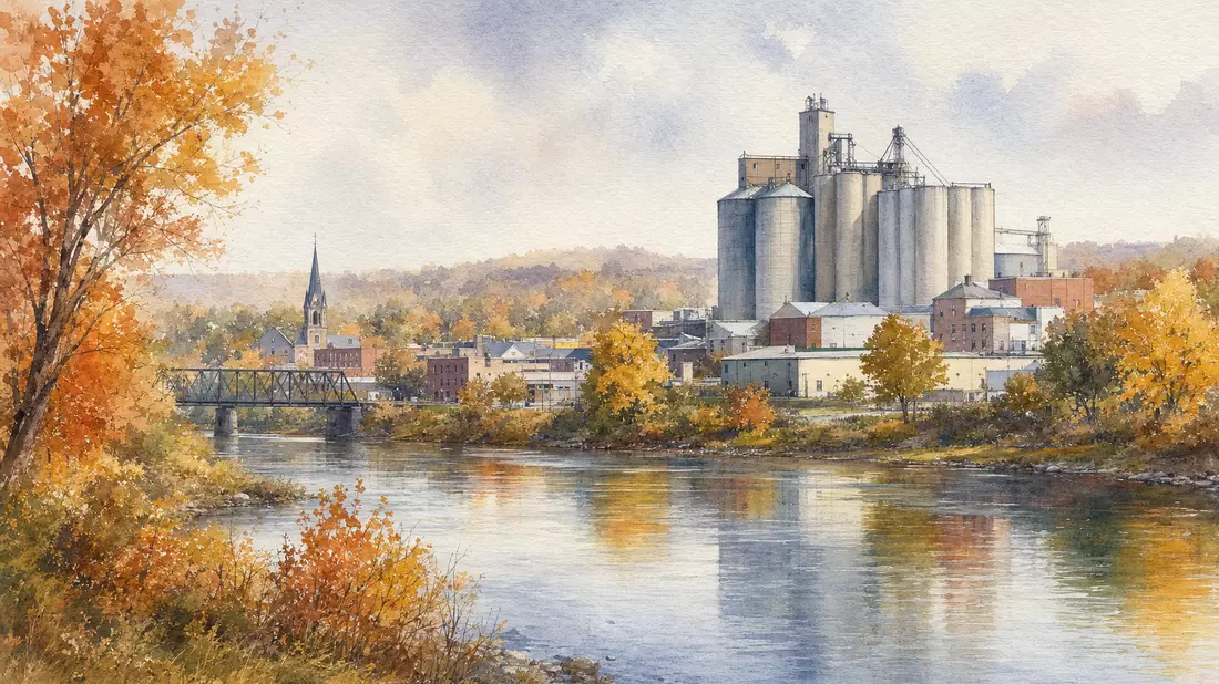 Aquarell: Midwestern Kleinstadt mit Silos und Industriegebäuden im Herbst am Fluss