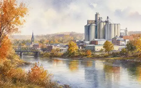 Hormel Foods US4404521001 – Aquarellmalerei der Midwest-Kleinstadt Austin mit Getreidesilos am Fluss - Foto: THN