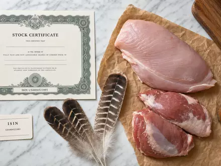 Hormel Foods US4404521001 – Flatlay mit Aktienzertifikat, ISIN-Karte, rohem Fleisch und Gewürzglas auf Marmor - Foto: THN