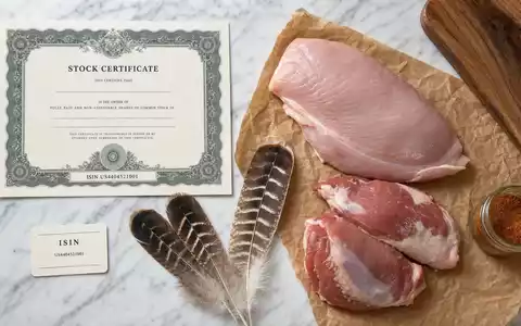 Hormel Foods US4404521001 – Flatlay mit Aktienzertifikat, ISIN-Karte, rohem Fleisch und Gewürzglas auf Marmor - Foto: THN
