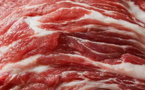 Hormel Foods US4404521001 – extreme Makroaufnahme von rohem Schweinefleisch mit Muskelstruktur und Marmorierung - Foto: THN