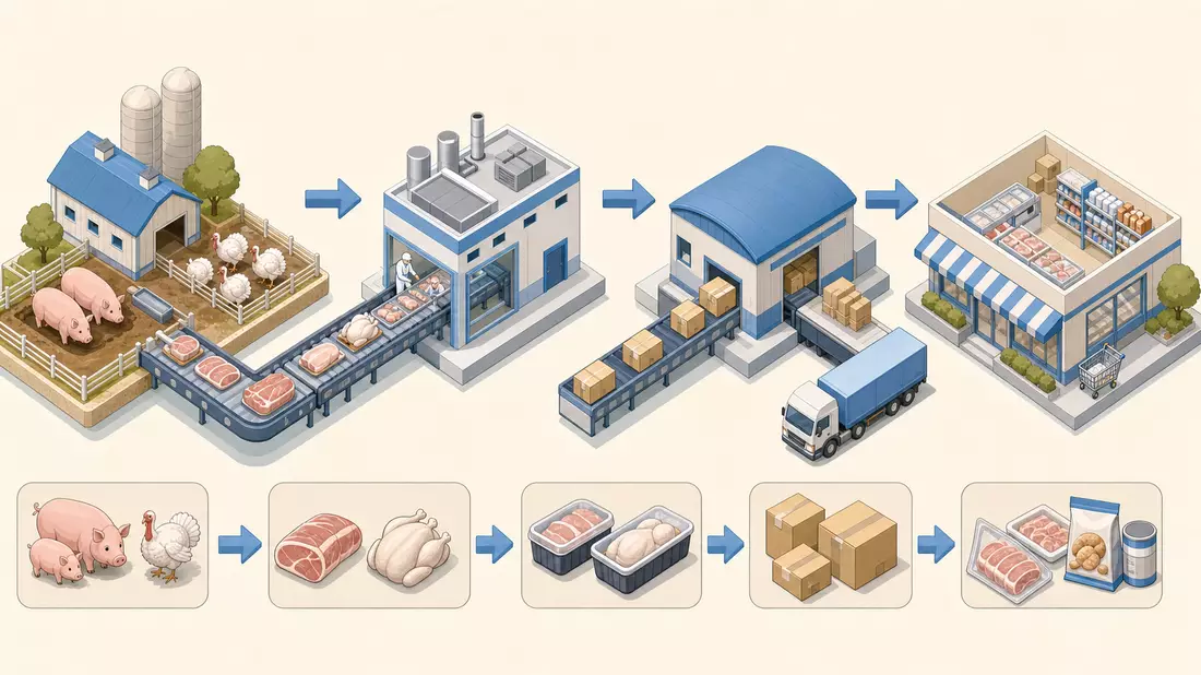 Isometrisches 3D: Lebensmittel-Wertschöpfungskette Farm zu Fabrik zu Lager zu Einzelhandel